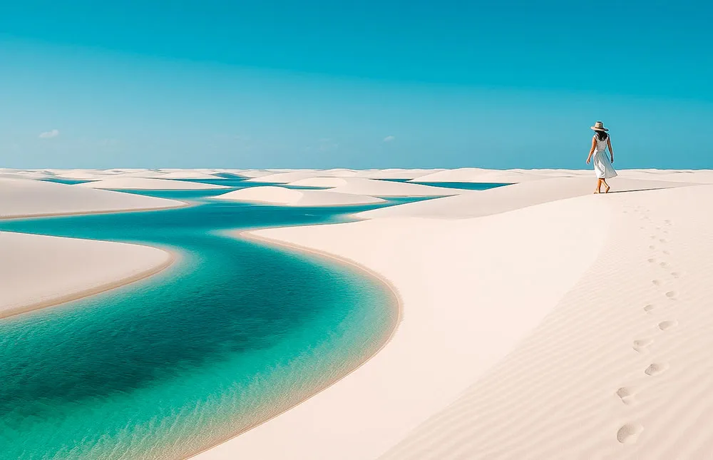 Dunas brancas e lagoas dos Lençóis Maranhenses, no Brasil